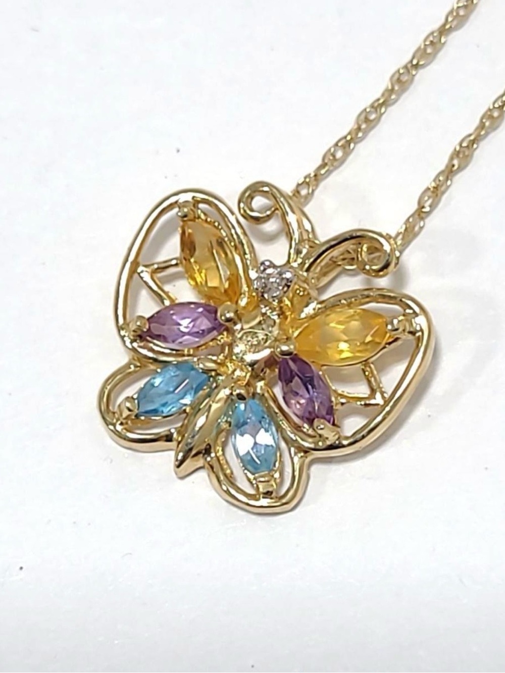 10K Gold Multi Gemstone Butterfly Pendant Necklace Diamond Amethyst Topaz